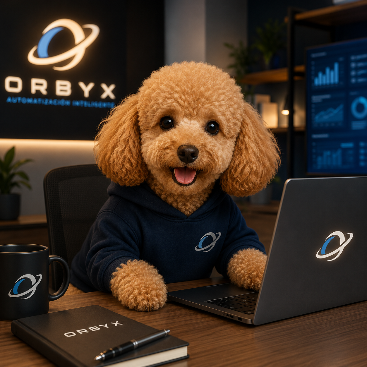 Mascota de Orbyx trabajando en su laptop